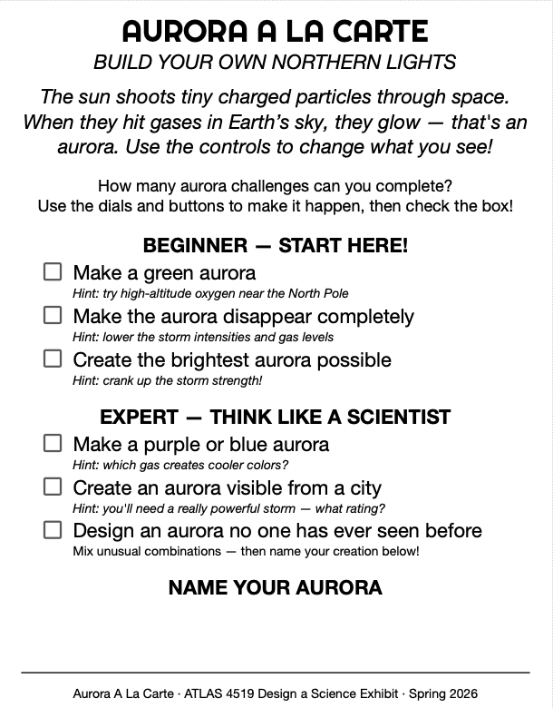 Aurora A La Carte challenge card: beginner and expert prompts for making a green, disappearing, brightest, purple/blue, city-visible, or original aurora